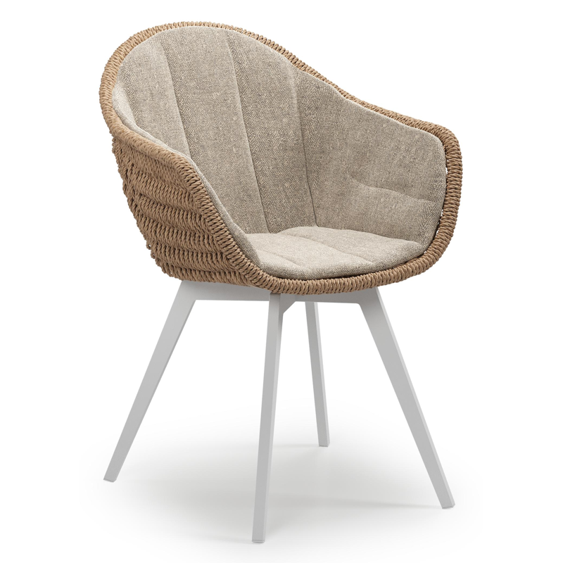 Pagino tuinstoel in wit aluminium en naturel ronde wicker met zitkussen in All Weather Sunbrella® Luxe Chartres Pewter