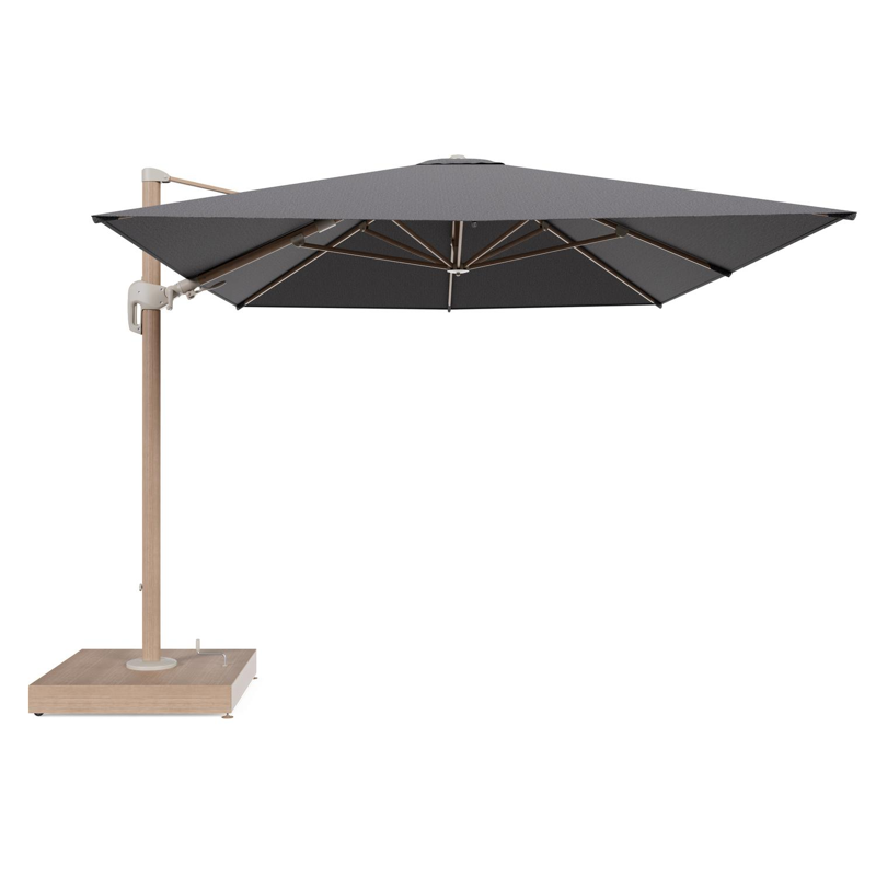 Rufina zweefparasol met tiltfunctie in houtlook aluminium en Firenze Tunder All Weather Solica parasoldoek - L1 400 x L2 300 cm met parasolvoet Minore 260 kg met wielen