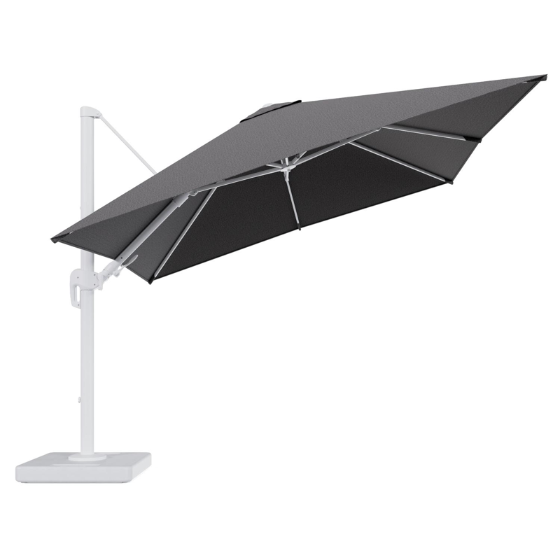 Parasol pendant Rufina avec fonction tilt en aluminium blanc et toile de parasol en All Weather Solica Firenze Tunder - Lg.1 300 x Lg.2 300 cm avec pied de parasol Lapido 160 kg