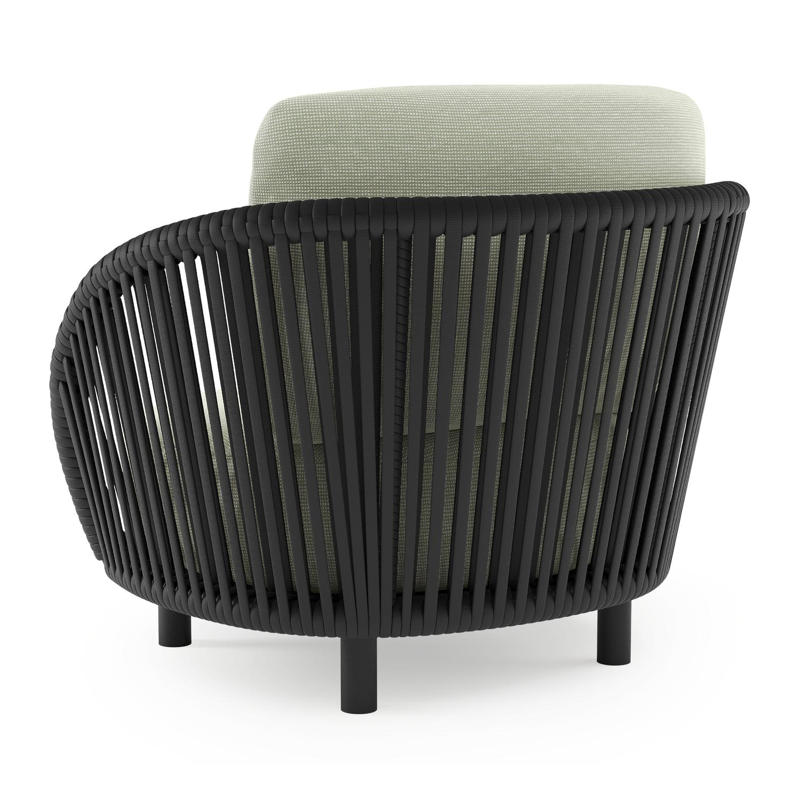 Lupino loungestoel in zwart aluminium en zwart verticaal geweven luxe vlakke brede rope met slow spirea all weather sunbrella® luxe kussen