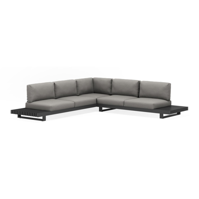 Salon de jardin d'angle Noviso en aluminium noir avec coussins en weather+ softtouch gris