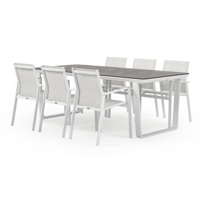 Alora tuinset in wit aluminium en grijs keramische print tafelblad met 6 stapelbare Bahia tuinstoelen