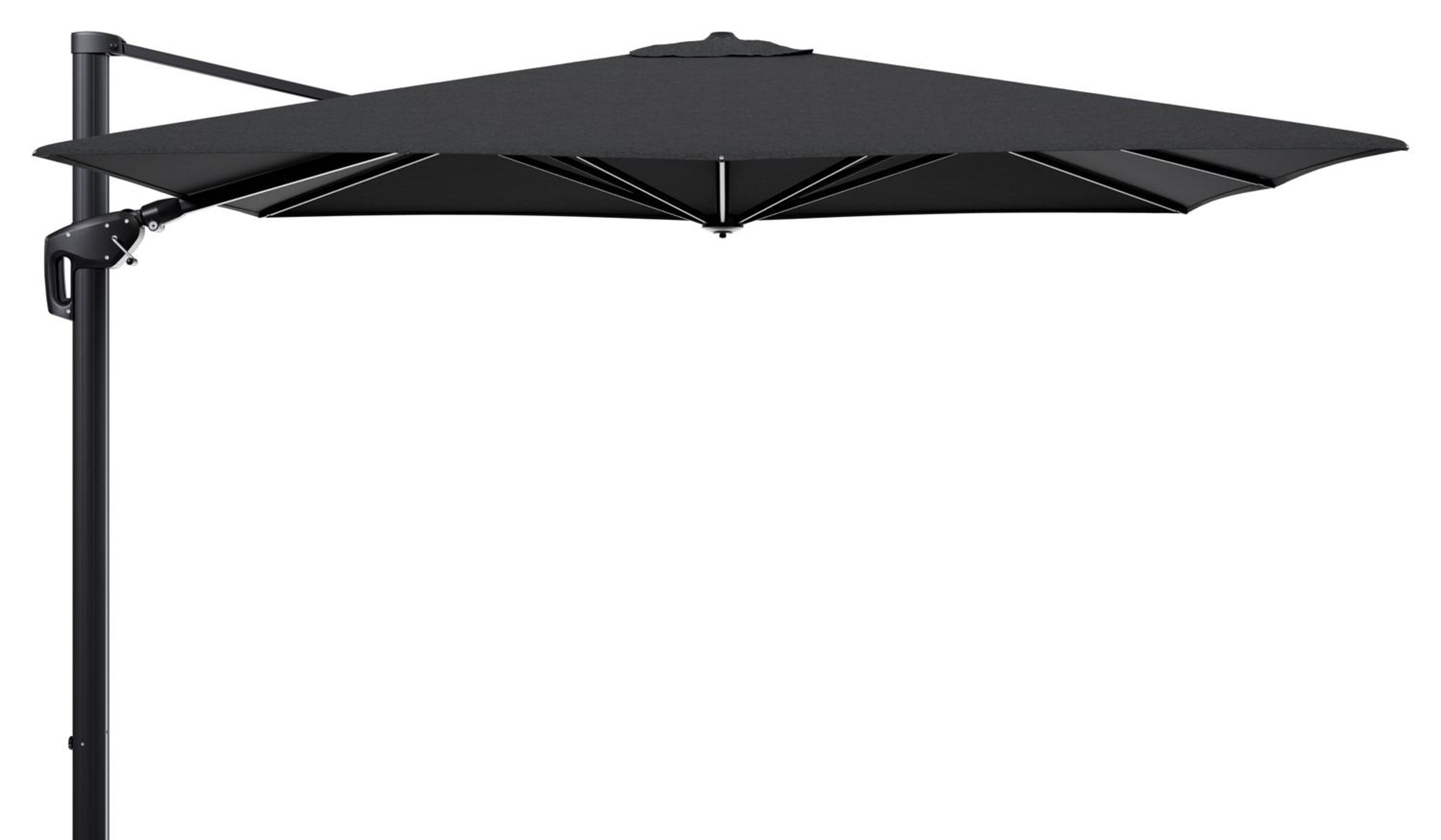 Minore zweefparasol met tiltfunctie in zwart aluminium met chartres sooty all weather sunbrella® luxe parasoldoek - L1 280 x L2 370 cm (zonder voet)