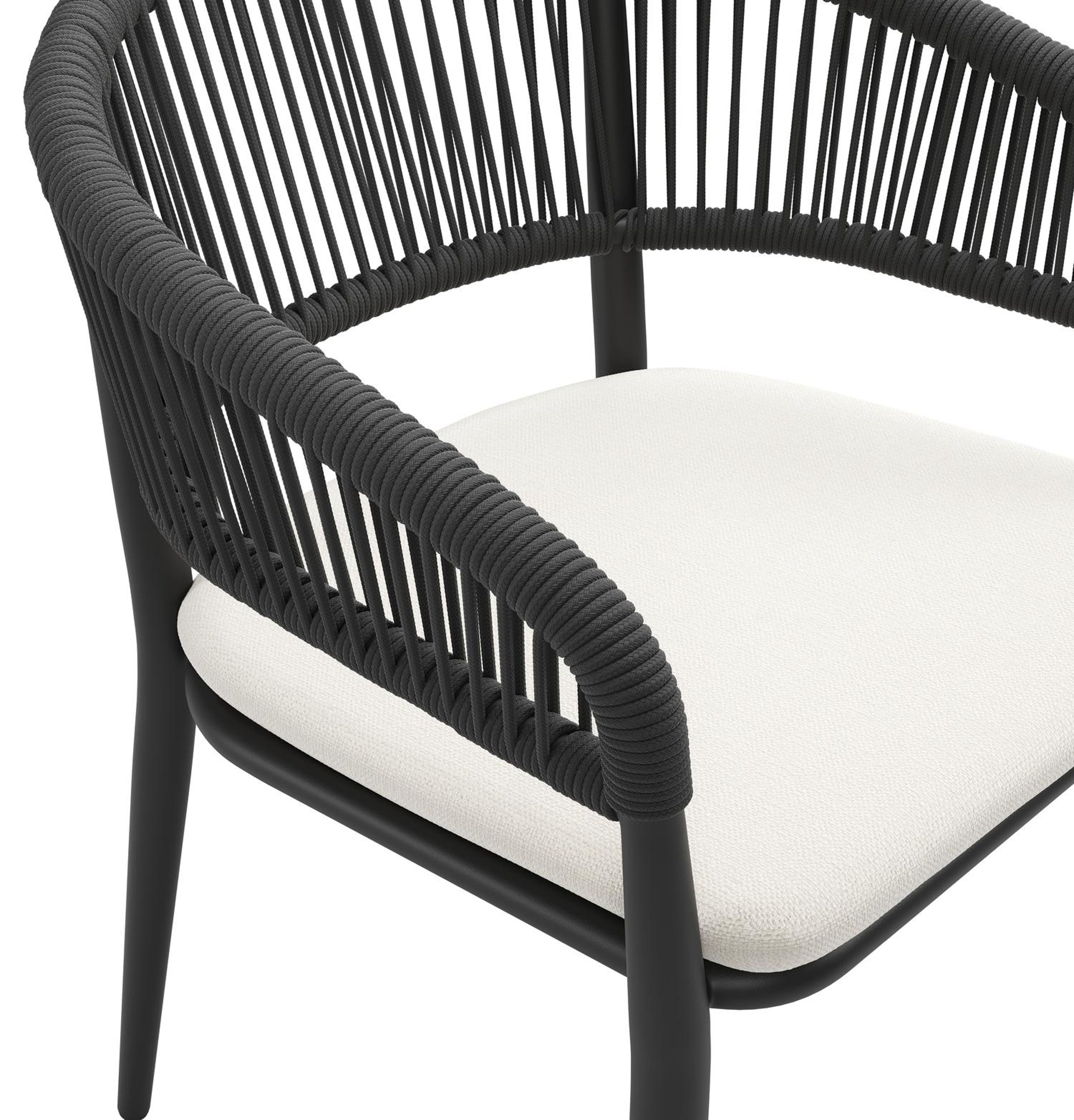 Tolfa stapelbare tuinstoel in zwart aluminium en zwart verticaal geweven ronde rope met stoelkussen in All Weather Sunbrella® Luxe Savane White