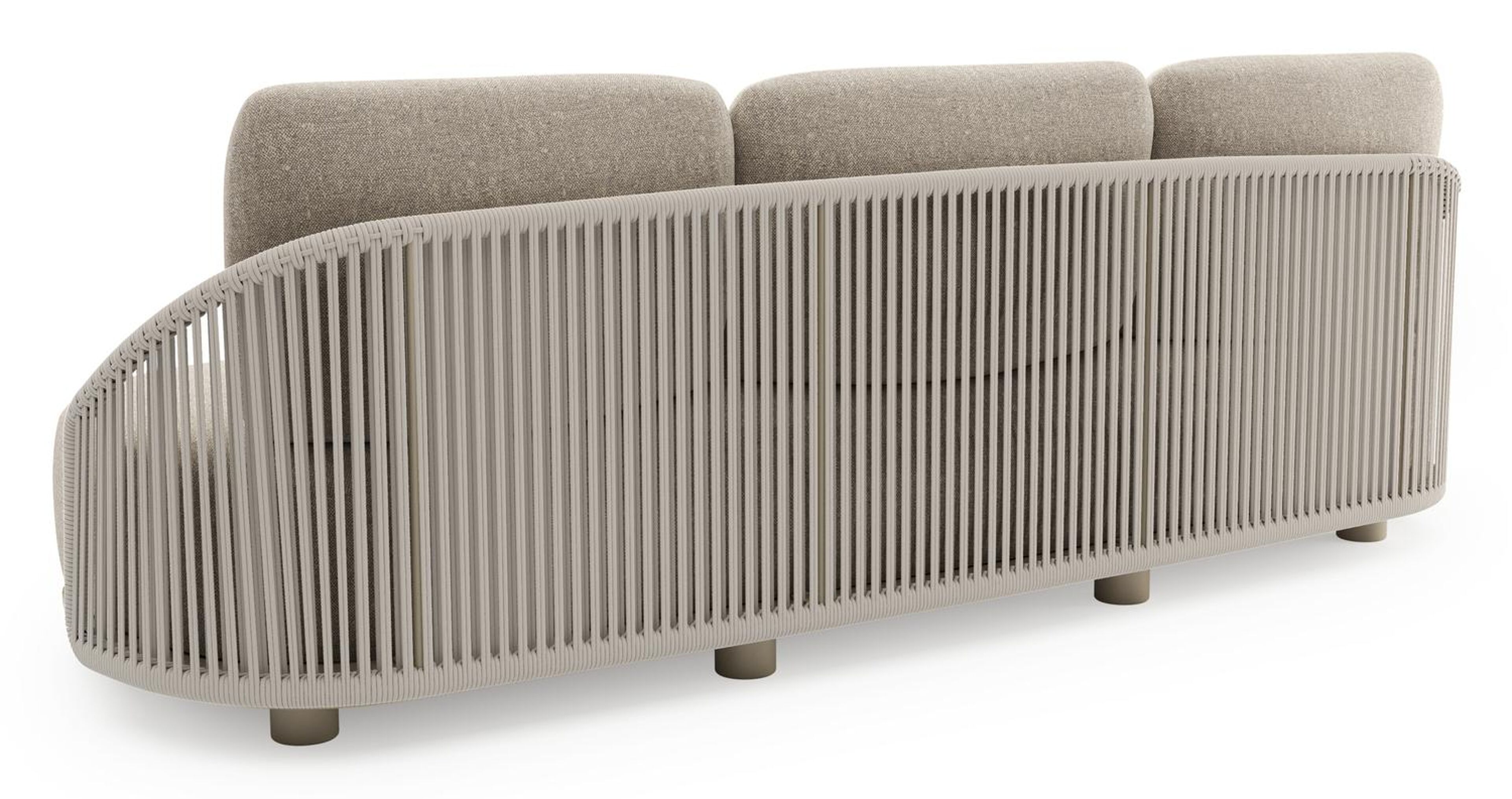 Canapé de jardin Vadelo en aluminium beige et corde ronde tissée verticalement beige et coussins en all weather sunbrella® luxe chartres pewter