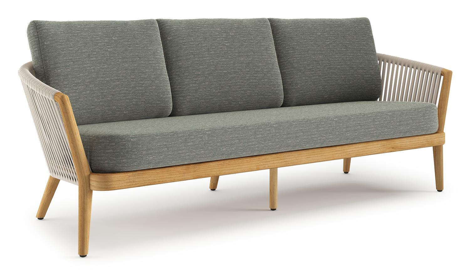 Orso loungebank in teak en beige verticaal geweven luxe vlakke rope met Slow Fern all weather sunbrella® luxe kussen