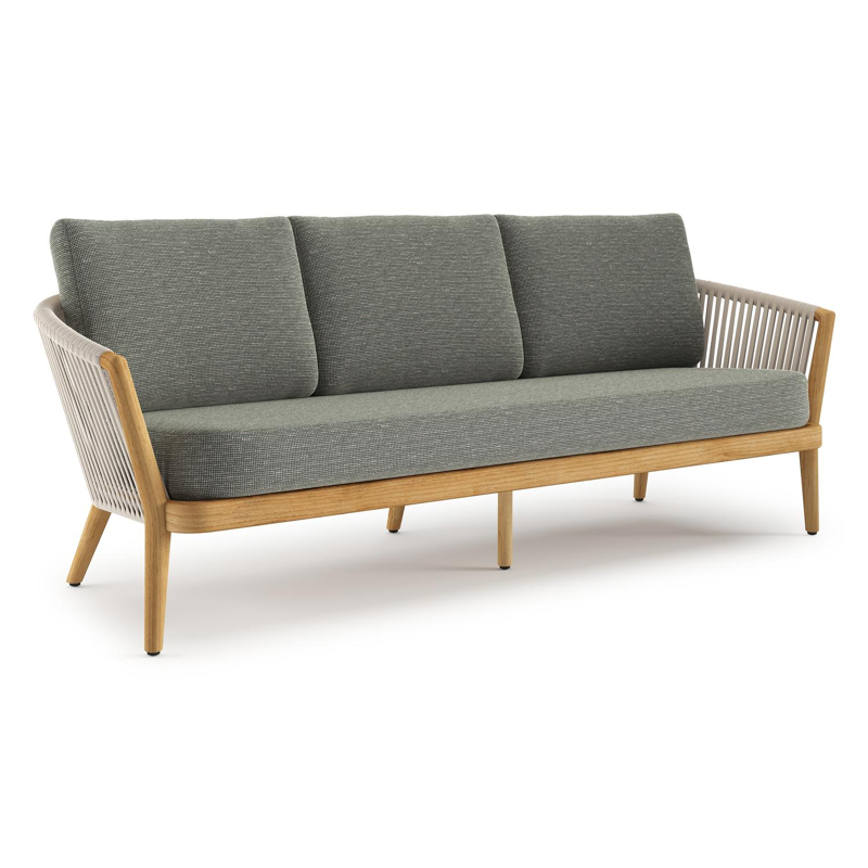 Orso loungebank in teak en beige verticaal geweven luxe vlakke rope met Slow Fern all weather sunbrella® luxe kussen