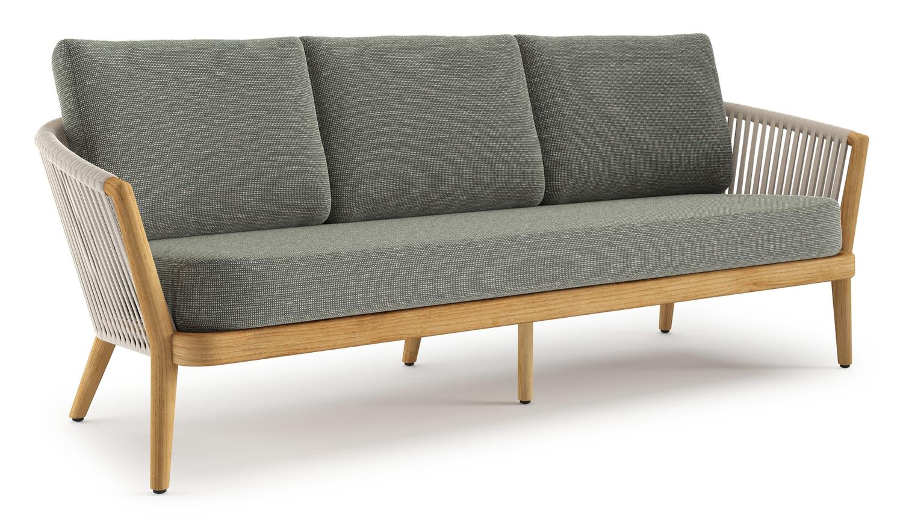 Orso loungebank in teak en beige verticaal geweven luxe vlakke rope met Slow Fern all weather sunbrella® luxe kussen