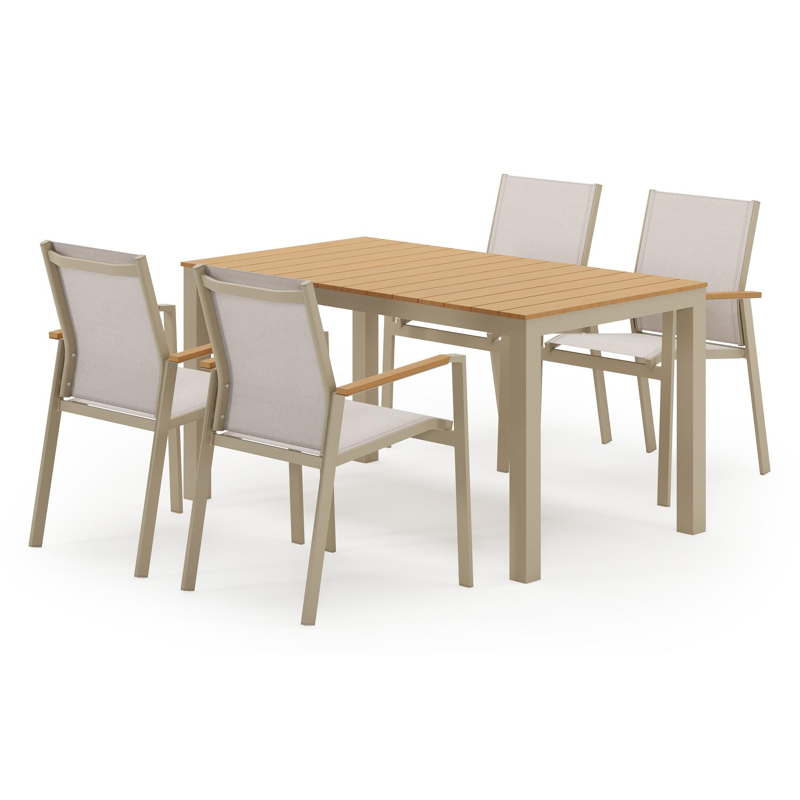 Toma tuinset in beige aluminium en polywood met 4 stapelbare Bahia tuinstoelen