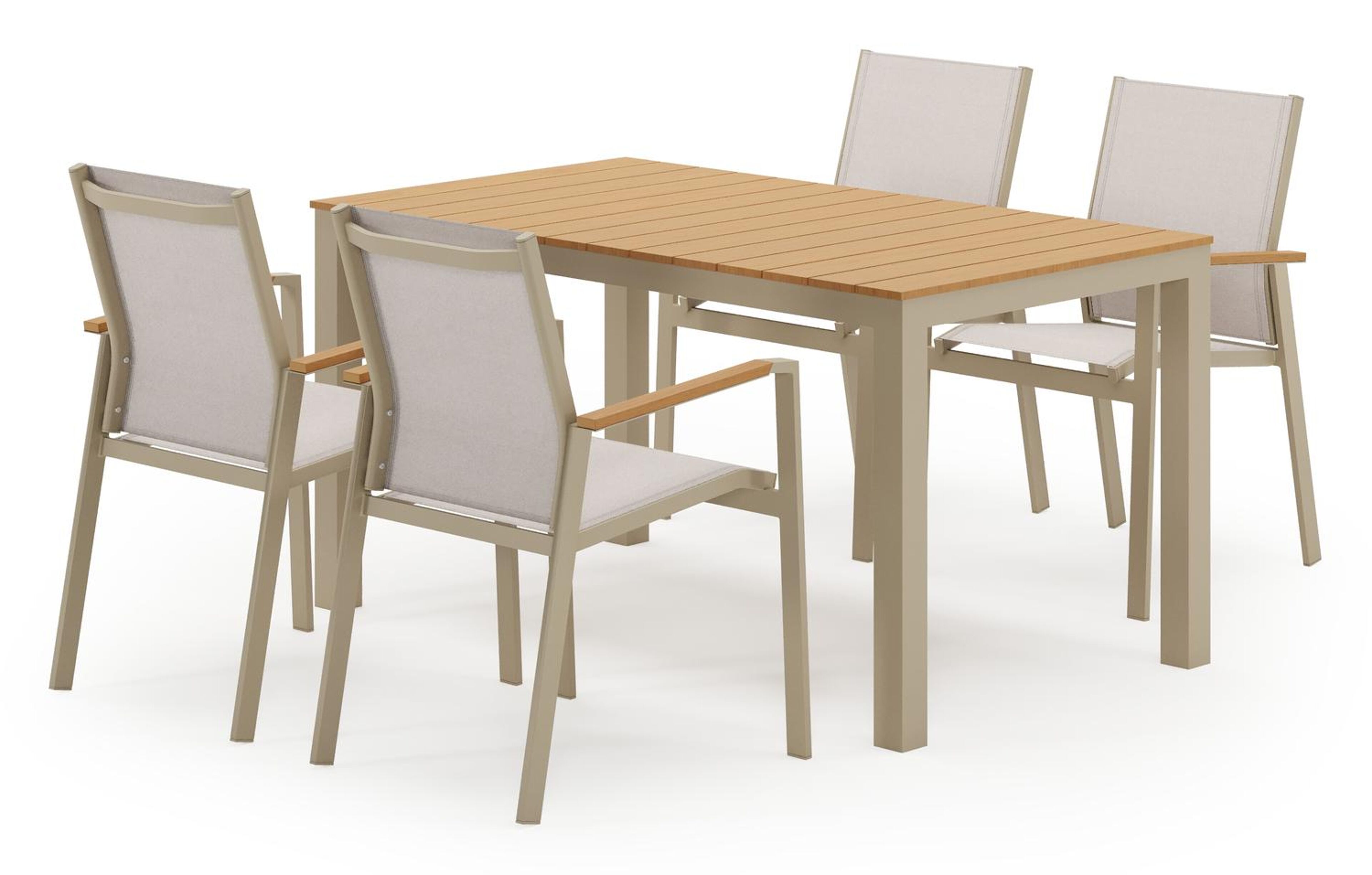 Toma tuinset in beige aluminium en polywood met 4 stapelbare Bahia tuinstoelen