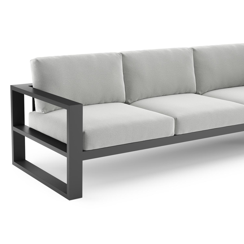 Verato loungehoek in zwart aluminium met natte grey chine all weather sunbrella® luxe kussen