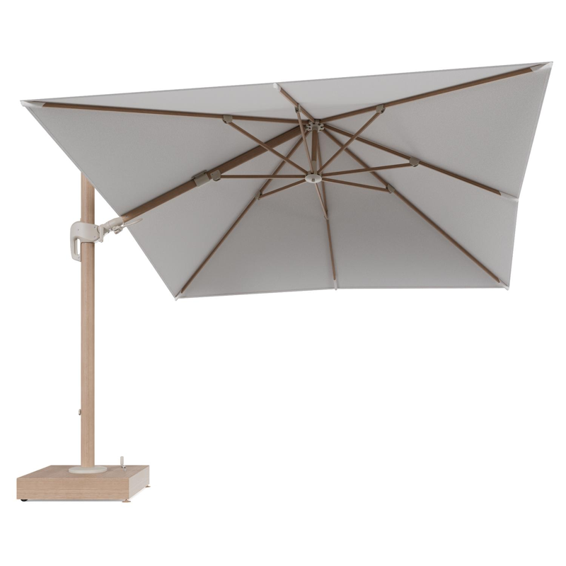 Rufina zweefparasol met tiltfunctie in houtlook aluminium en Soul Optik All Weather Solica parasoldoek - L1 300 x L2 300 cm met parasolvoet Minore 150 kg met wielen