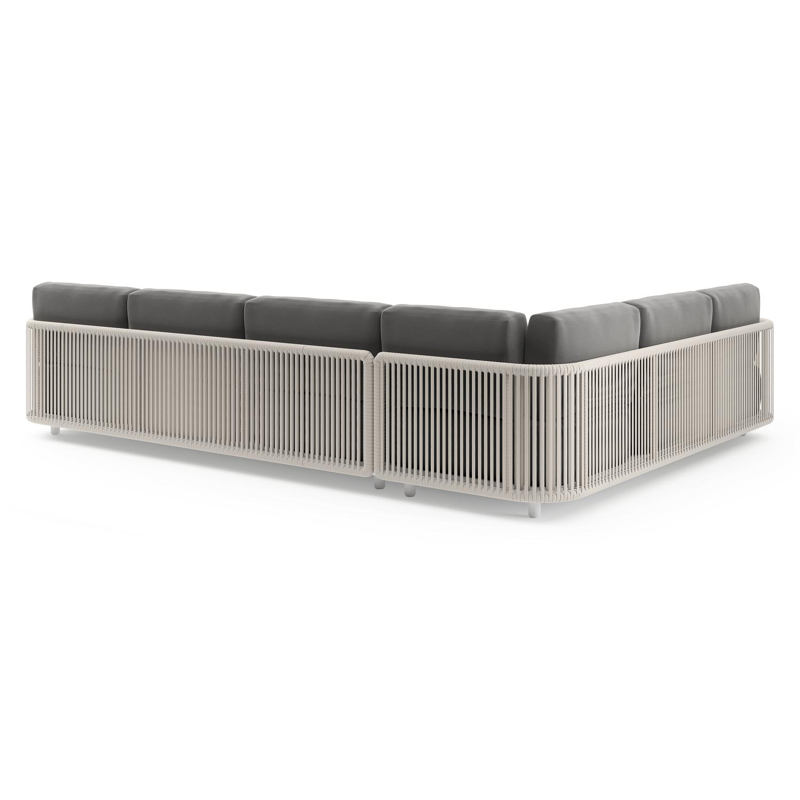 Organo loungehoek in wit aluminium en beige verticaal geweven luxe vlakke rope met natte charcoal chine all weather Sunbrella® luxe kussen