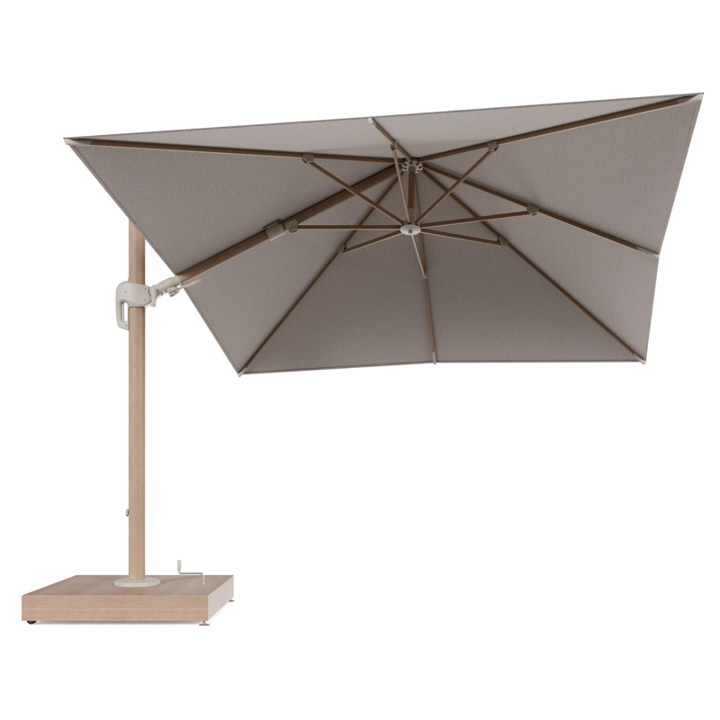 Rufina zweefparasol met tiltfunctie in houtlook aluminium en Slow Farafra All Weather Sunbrella® Luxe parasoldoek - L1 300 x L2 300 cm met parasolvoet Minore 260 kg met wielen