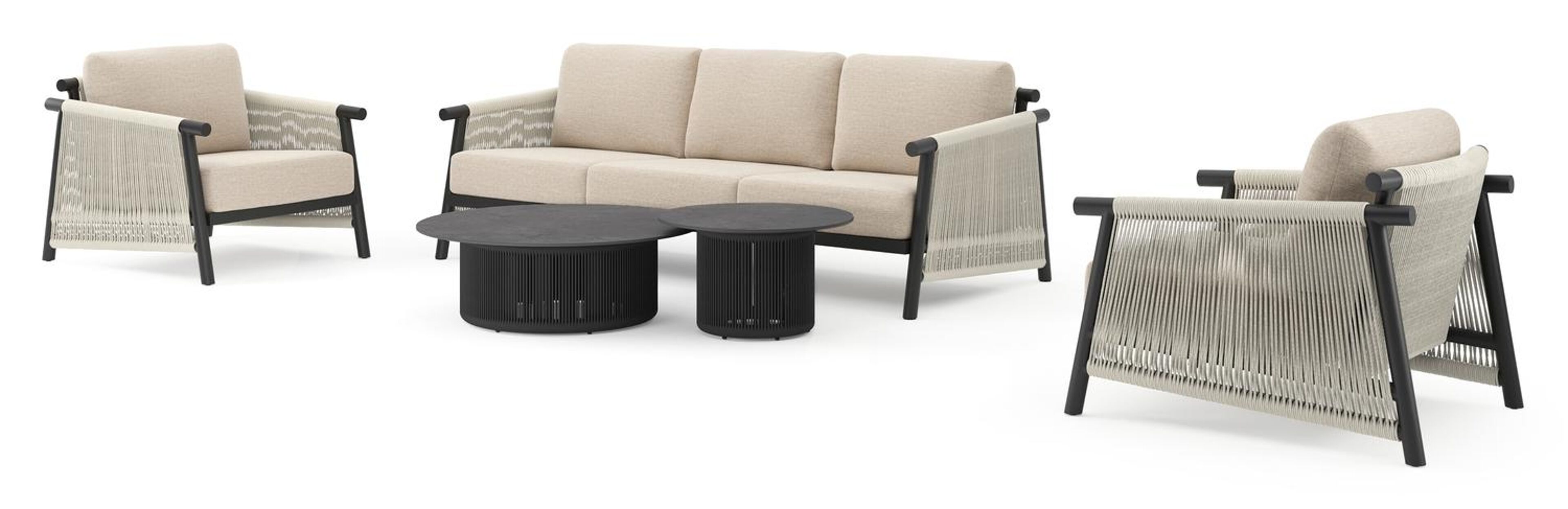 Erla loungeset in zwart aluminium met rustic weather+ softtouch kussens en loungetafel