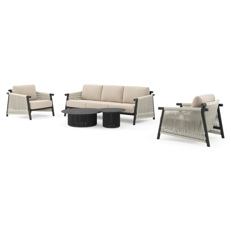 Erla loungeset in zwart aluminium met rustic weather+ softtouch kussens en loungetafel