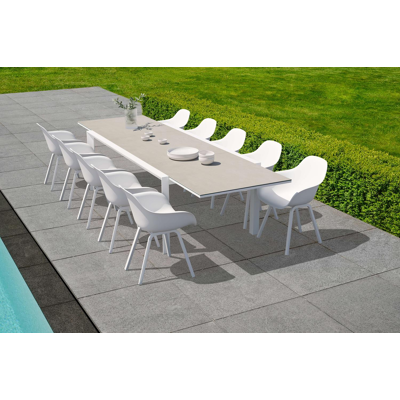 Aspra tuinset met verlengbare tafel in wit aluminium en grijs volkeramiek op glas tafelblad met 10 Puglia tuinstoelen