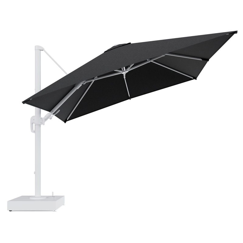 Rufina zweefparasol met tiltfunctie in wit aluminium en Chartres Sooty All Weather Sunbrella® Luxe parasoldoek - L1 300 x L2 300 cm met parasolvoet Minore 150 kg met wielen