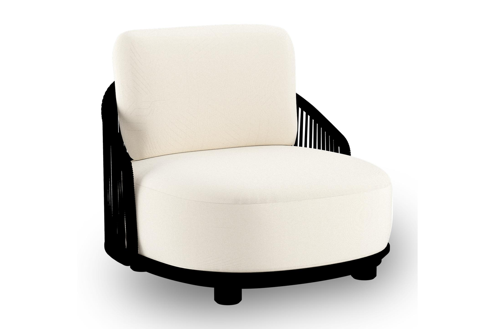 Fauteuil de jardin Vadelo en aluminium noir et corde ronde tissée verticalement noir et coussins en all weather sunbrella® luxe natte white