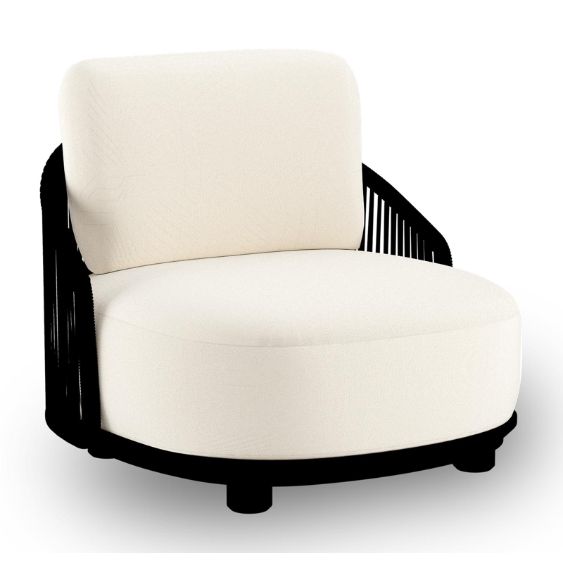 Fauteuil de jardin Vadelo en aluminium noir et corde ronde tissée verticalement noir et coussins en all weather sunbrella® luxe natte white