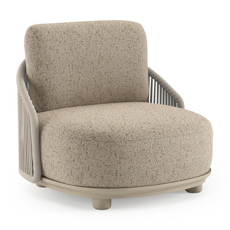 Fauteuil de jardin Vadelo en aluminium beige et corde ronde tissée verticalement beige et coussins en all weather cosytica bora jungle