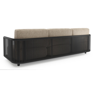 Organo loungebank in zwart aluminium en zwart verticaal geweven luxe vlakke rope met bora jungle all weather Cosytica kussen