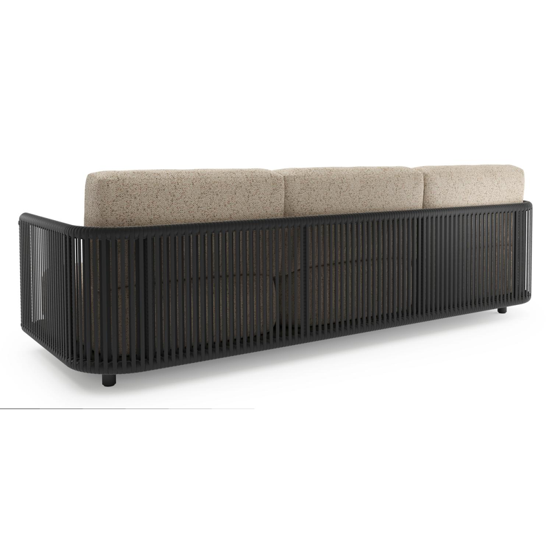 Organo loungebank in zwart aluminium en zwart verticaal geweven luxe vlakke rope met bora jungle all weather Cosytica kussen