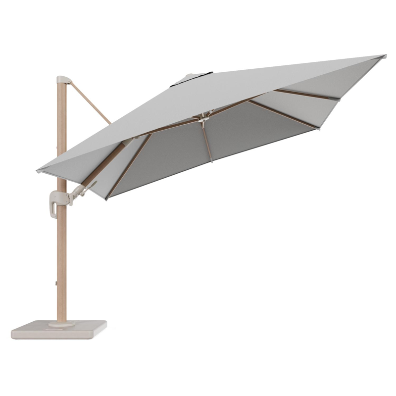 Rufina zweefparasol tiltfunctie in houtlook aluminium en parasoldoek in All Weather Sunbrella® Luxe Savane Nimbus - L1 300 x L2 300 cm met parasolvoet Lapido 120 kg