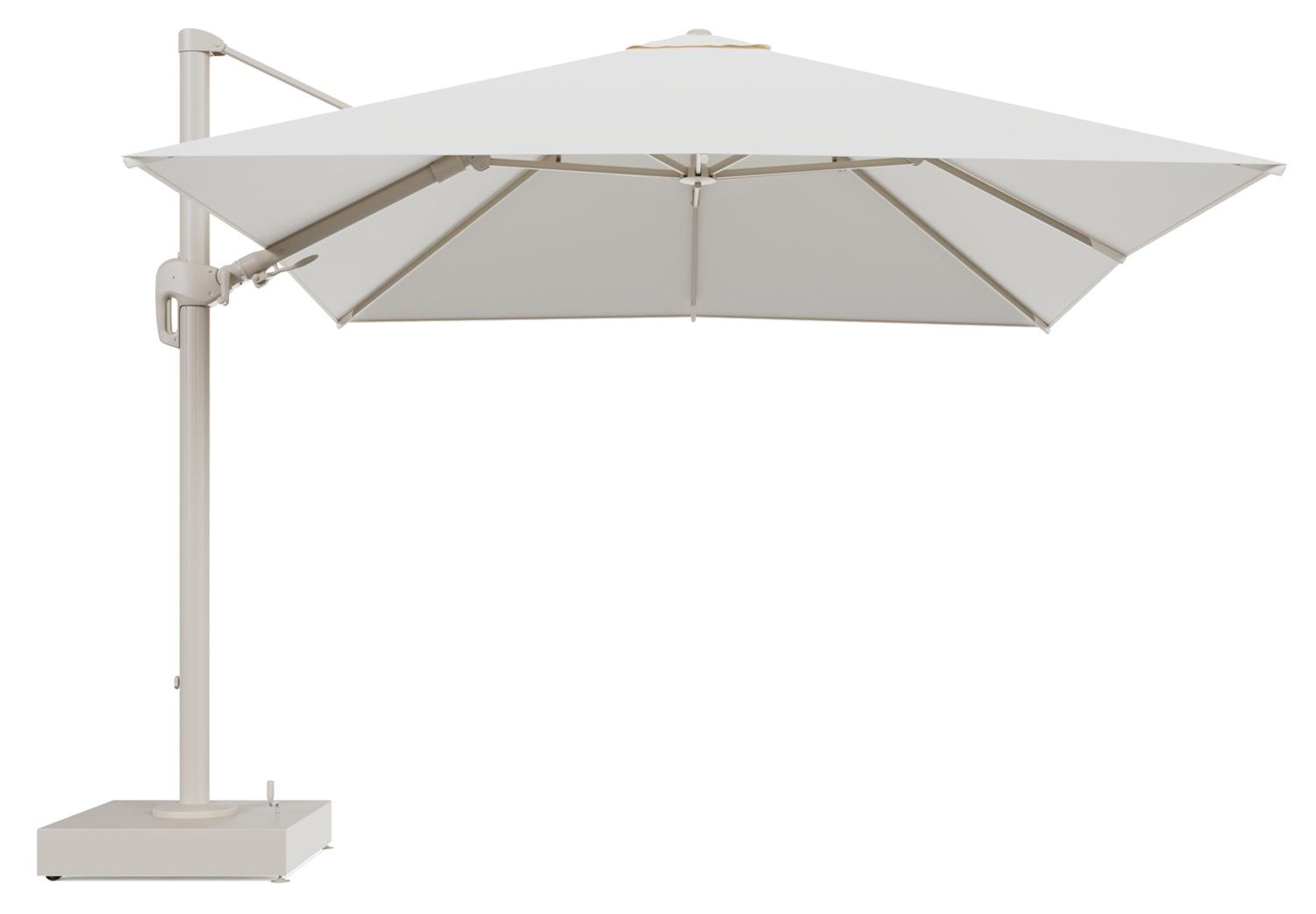 Rufina zweefparasol met tiltfunctie in beige aluminium en Natte White All Weather Sunbrella® Luxe parasoldoek - L1 300 x L2 300 cm met parasolvoet Minore 150 kg met wielen