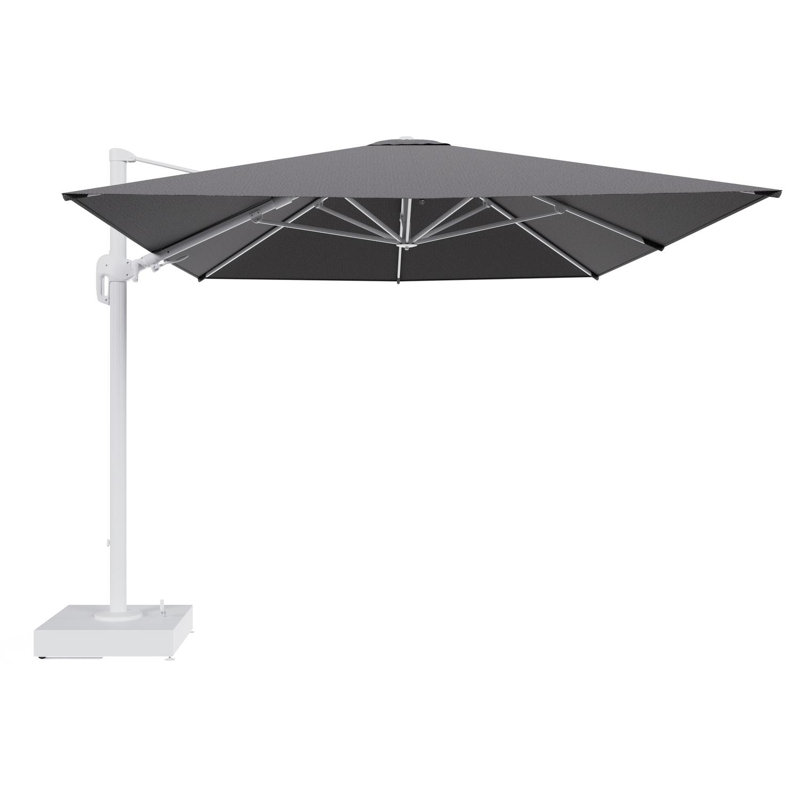 Rufina zweefparasol met tiltfunctie in wit aluminium en Firenze Tunder All Weather Solica parasoldoek - L1 400 x L2 300 cm met parasolvoet Minore 150 kg met wielen