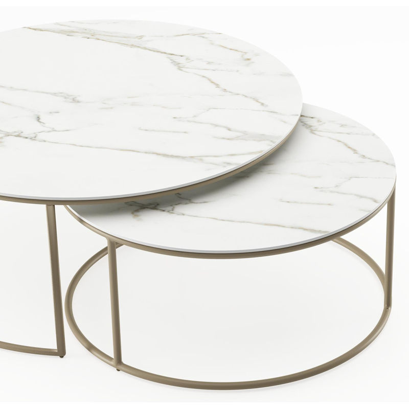 Fano set van 2 loungetafels rond in beige aluminium en volkeramiek Calacatta - Dia. 85 x H 35 cm