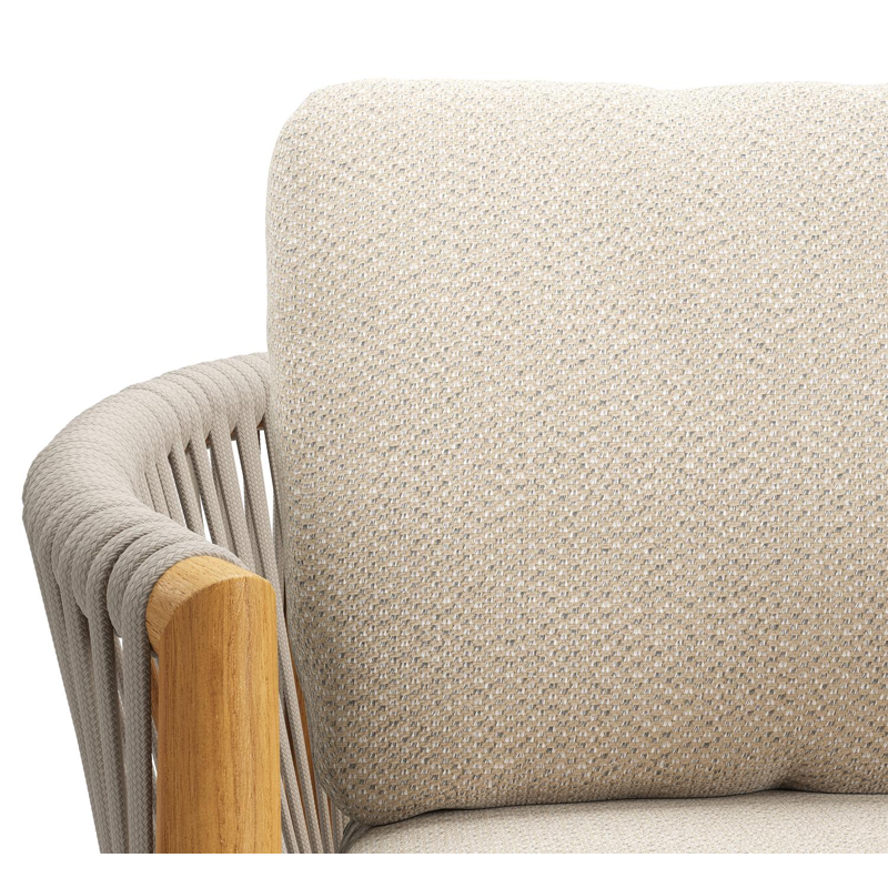 Organo tuinstoel in teak en beige verticaal geweven luxe vlakke rope met zitkussen in All Weather Sunbrella® Luxe Lopi Sand