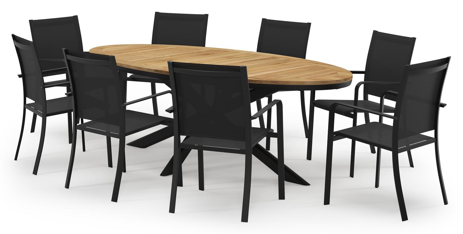 Pamplona ovale tuinset in zwart aluminium en teak natural finish met 8 Calobra tuinstoelen