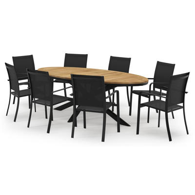 Pamplona ovale tuinset in zwart aluminium en teak natural finish met 8 Calobra tuinstoelen