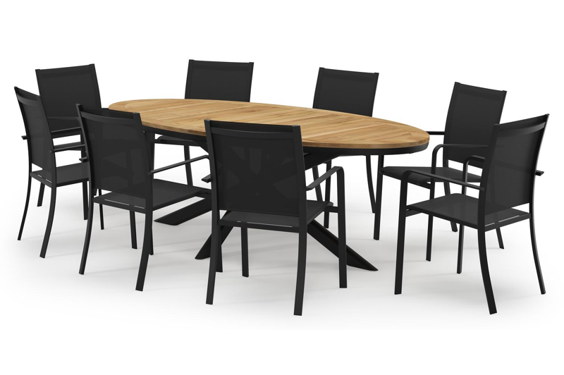 Pamplona ovale tuinset in zwart aluminium en teak natural finish met 8 Calobra tuinstoelen
