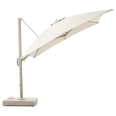 Rufina zweefparasol met tiltfunctie in beige aluminium en Sunbrella Luxe Tundra Sand parasoldoek met Minore beige parasolvoet 260 kg - L1 400 x L2 300 cm