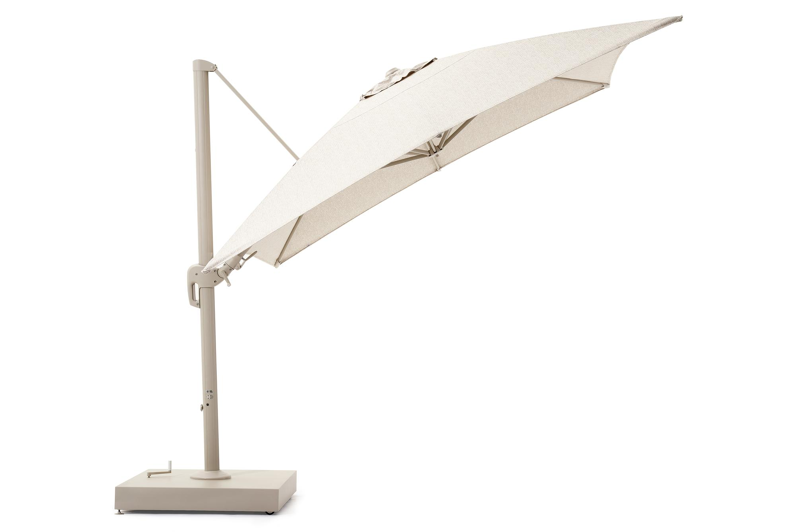 Rufina zweefparasol met tiltfunctie in beige aluminium en Sunbrella Luxe Tundra Sand parasoldoek met Minore beige parasolvoet 260 kg - L1 400 x L2 300 cm