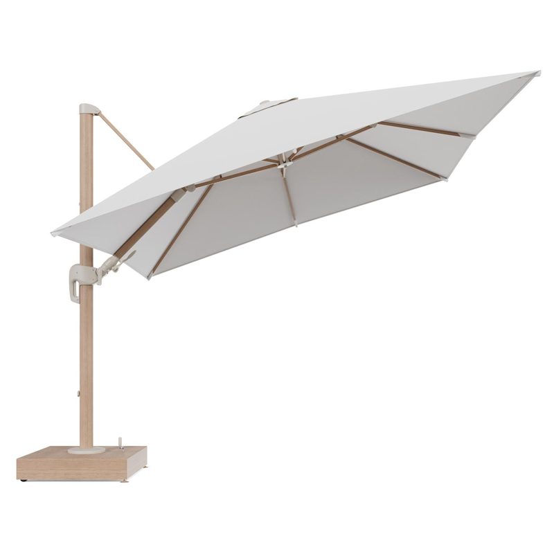 Rufina zweefparasol met tiltfunctie in houtlook aluminium en Soul Optik All Weather Solica parasoldoek - L1 300 x L2 300 cm met parasolvoet Minore 150 kg met wielen
