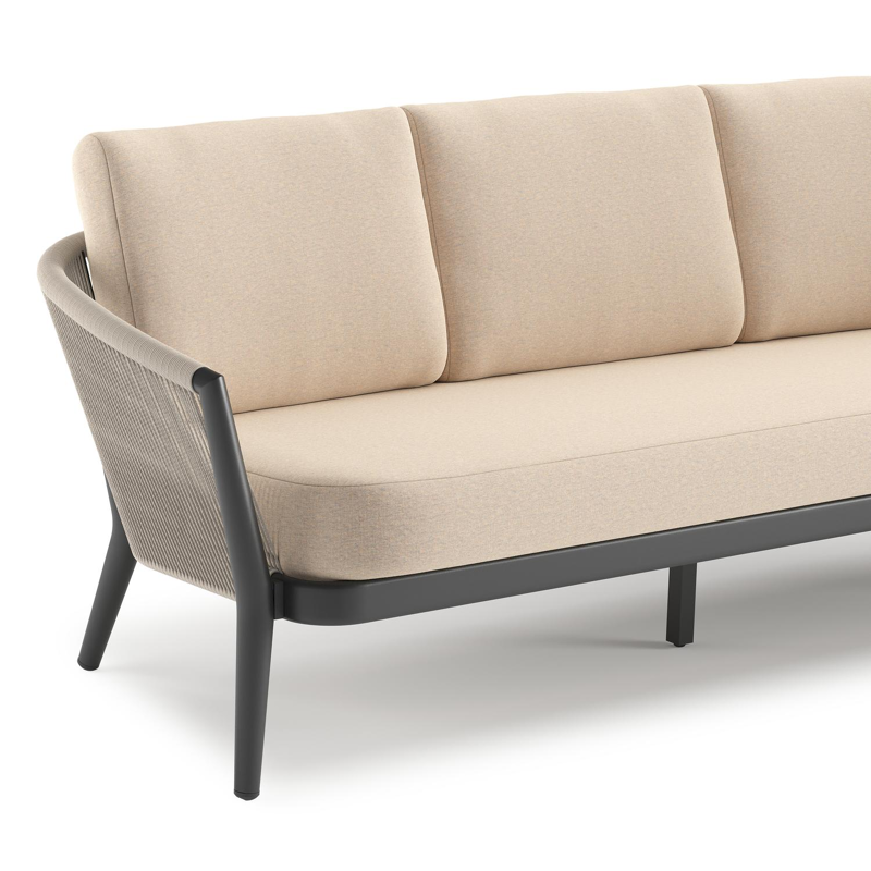 Orso loungebank in zwart aluminium en beige verticaal geweven ronde rope met Heritage Papyrus all weather sunbrella® luxe kussen