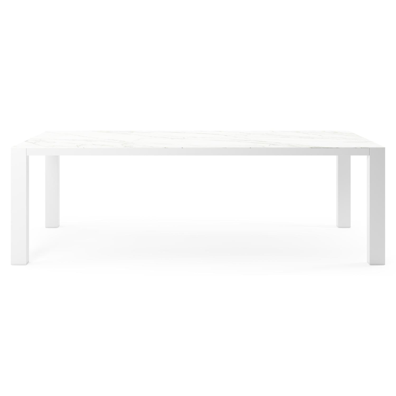 Table de jardin Nano en aluminium blanc et céramique pleine calacatta - Lg 240 x Larg. 148 x H 75 cm