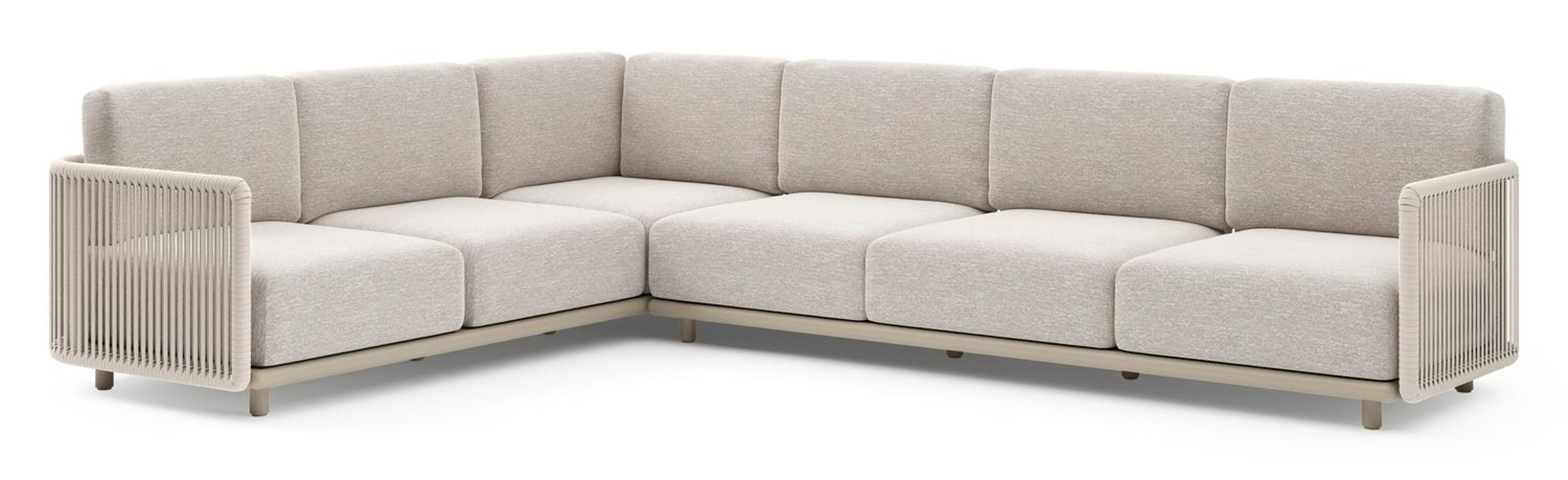 Organo loungehoek in beige aluminium en beige verticaal geweven luxe vlakke rope met tundra sand all weather Sunbrella® luxe kussen