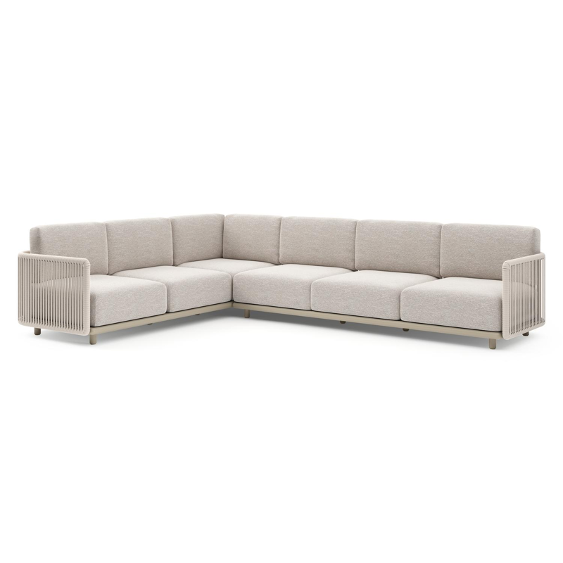 Organo loungehoek in beige aluminium en beige verticaal geweven luxe vlakke rope met tundra sand all weather Sunbrella® luxe kussen
