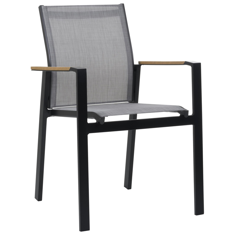 Tora tuinset in zwart aluminium en naturel polywood tafelblad met 4 stapelbare Bahia tuinstoelen