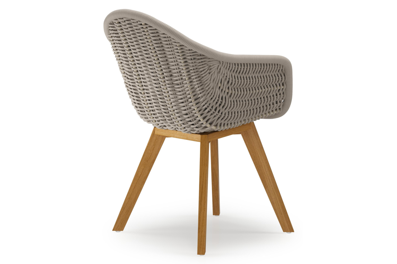 Pagino tuinstoel in teak en beige verticaal geweven ronde rope met zitkussen in All Weather Sunbrella® Luxe Savane Coconut