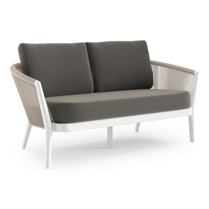 Orso loungebank in wit aluminium en beige verticaal geweven ronde rope met Natte Dark Taupe all weather sunbrella® luxe kussen