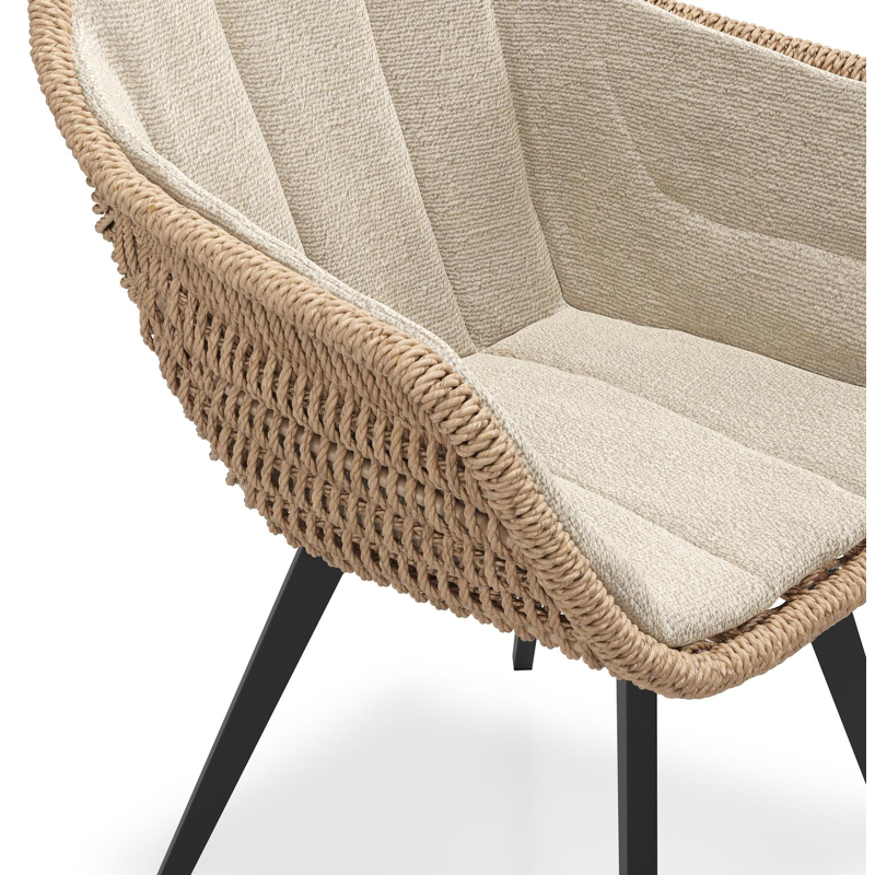 Pagino tuinstoel in zwart aluminium en naturel ronde wicker met zitkussen in All Weather Cosytica Marbella Sand