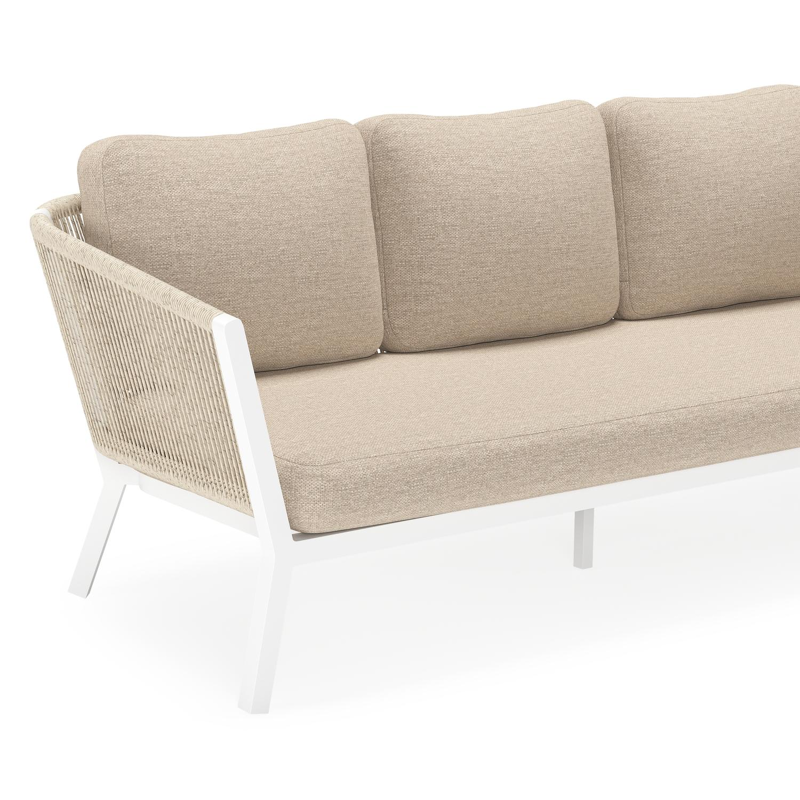 Salon de jardin Cordoba en aluminium blanc et corde ronde tissée verticalement beige et coussins en weather+ softtouch rustic