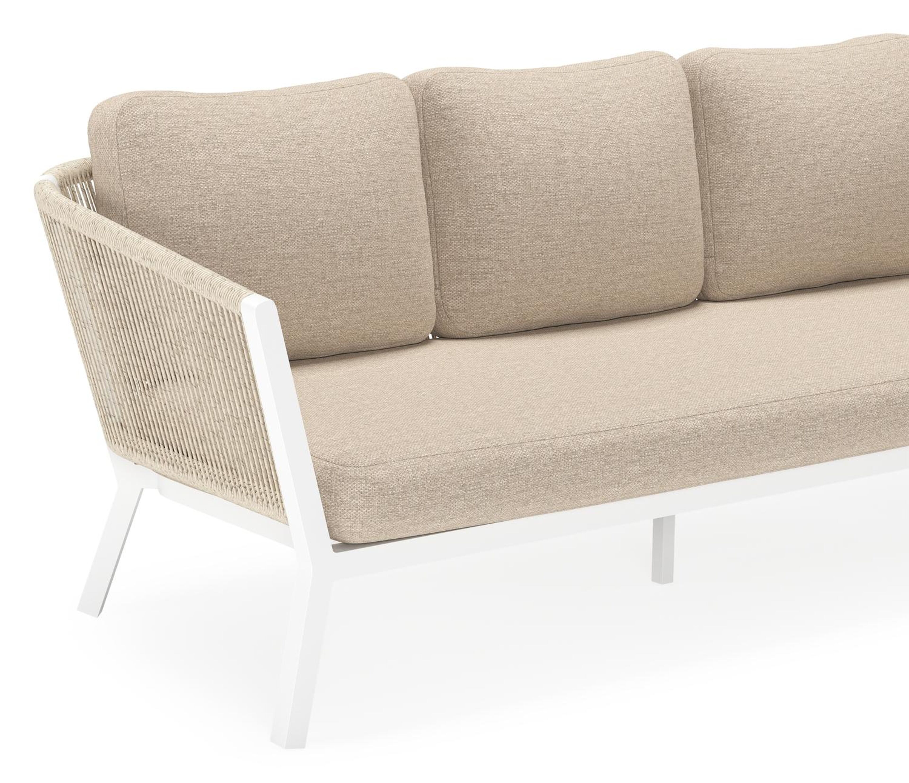 Cordoba loungeset in wit aluminium en beige verticaal geweven ronde rope met rustic weather+ softtouch kussens