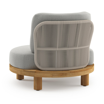 Fauteuil de jardin Donato en teck et corde ronde tissée verticalement beige et coussins en all weather sunbrella® luxe Savane Nimbus