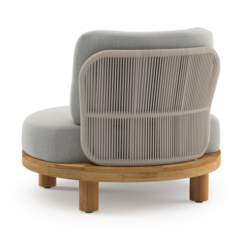 Fauteuil de jardin Donato en teck et corde ronde tissée verticalement beige et coussins en all weather sunbrella® luxe Savane Nimbus